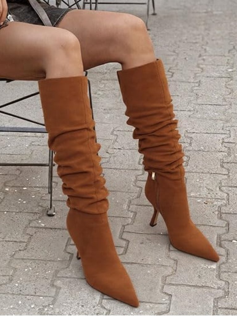 Women's Brown Slouchy Knee High Boots Kitten Heels Pointed Toe Tall Boots
